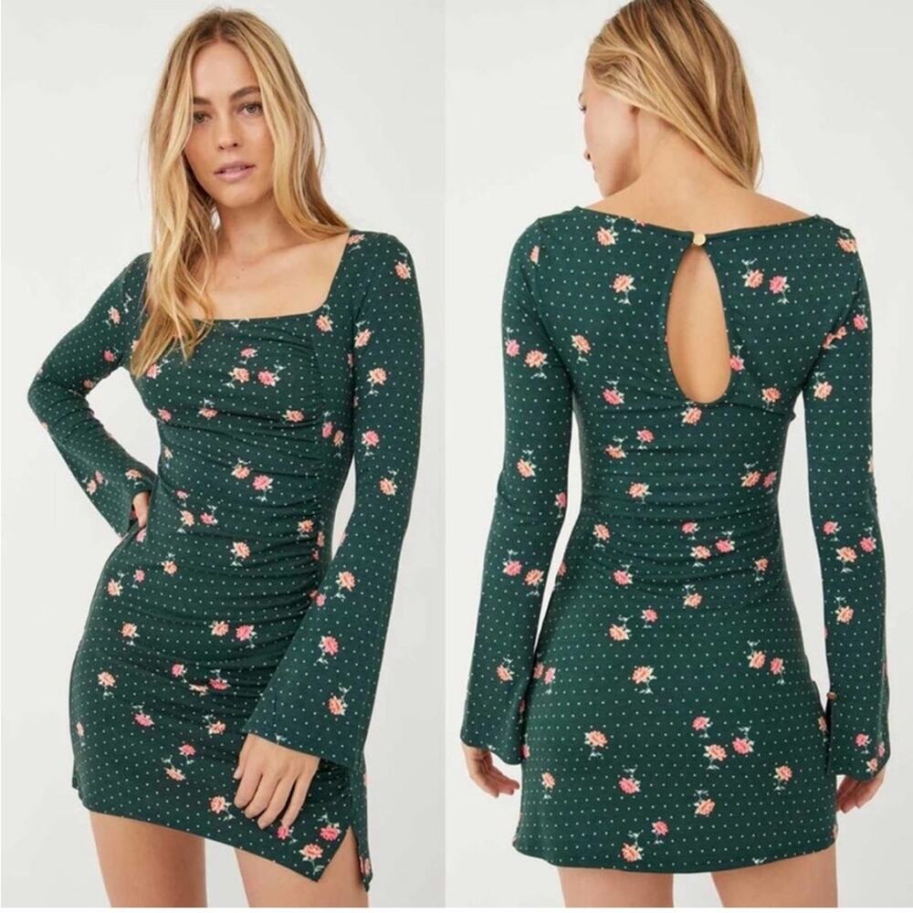 Free People Celia dark green floral polka dot ruched mini dress size Large NWT